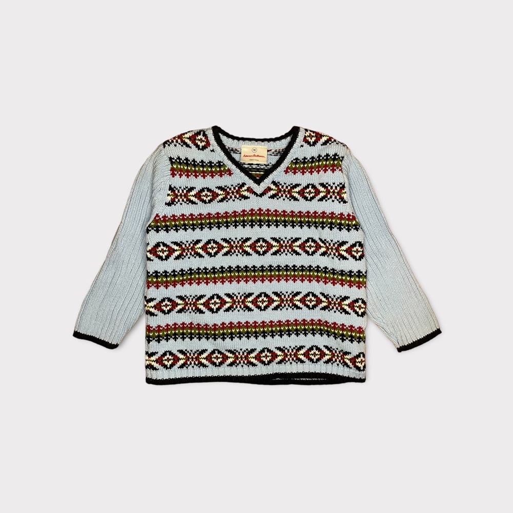 Hanna Andersson Blue & Red Ribbed Knit Geo Shape Pattern Sweater